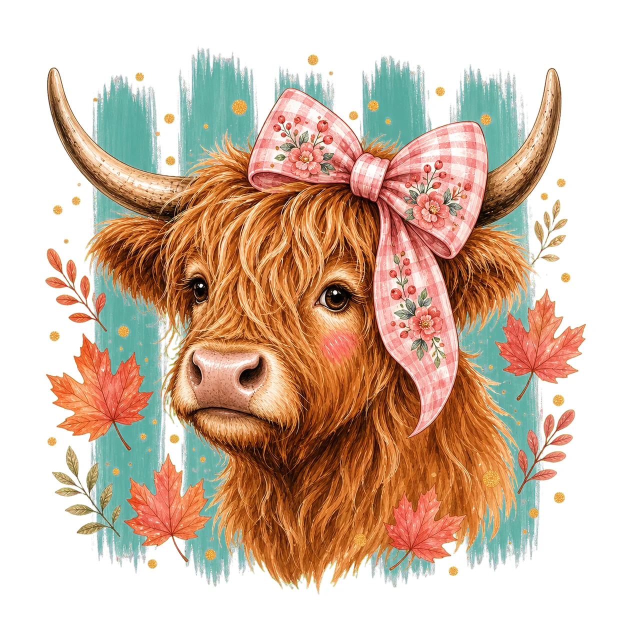 Highland Cow Fall Pink Bow Autumn Sublimation Variation C