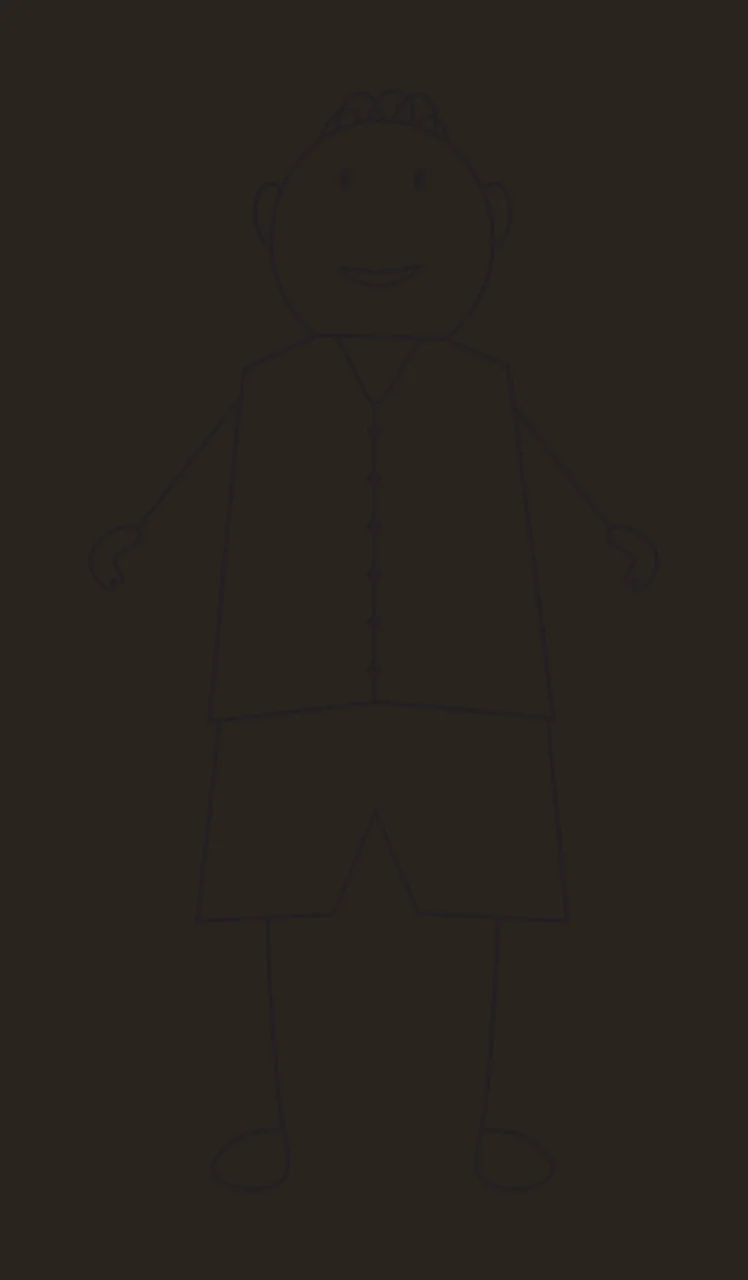 Line Art Illustration of stick figure person with wavy looped hair, buttoned vest, shorts and smiling face in black and white contrast preview thumbnail