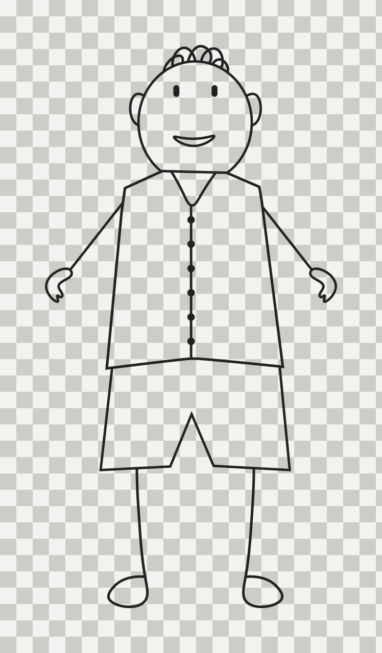 Line Art Illustration of stick figure person with wavy looped hair, buttoned vest, shorts and smiling face in black and white transparency and detail preview thumbnail