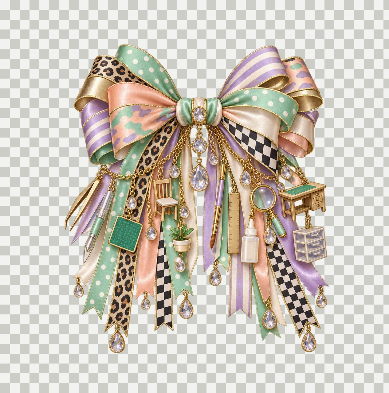 Miniature Maker Bow Charm PNG, Gold Chain Charms, Transparent Sublimation Design, Digital Download transparency and detail preview thumbnail