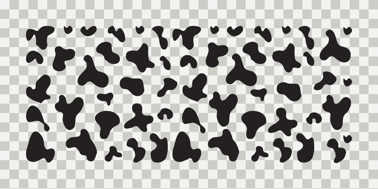 Cow print pattern Illustration with black spots, organic shapes, irregular blotches and animal print texture in white transparency and detail preview thumbnail