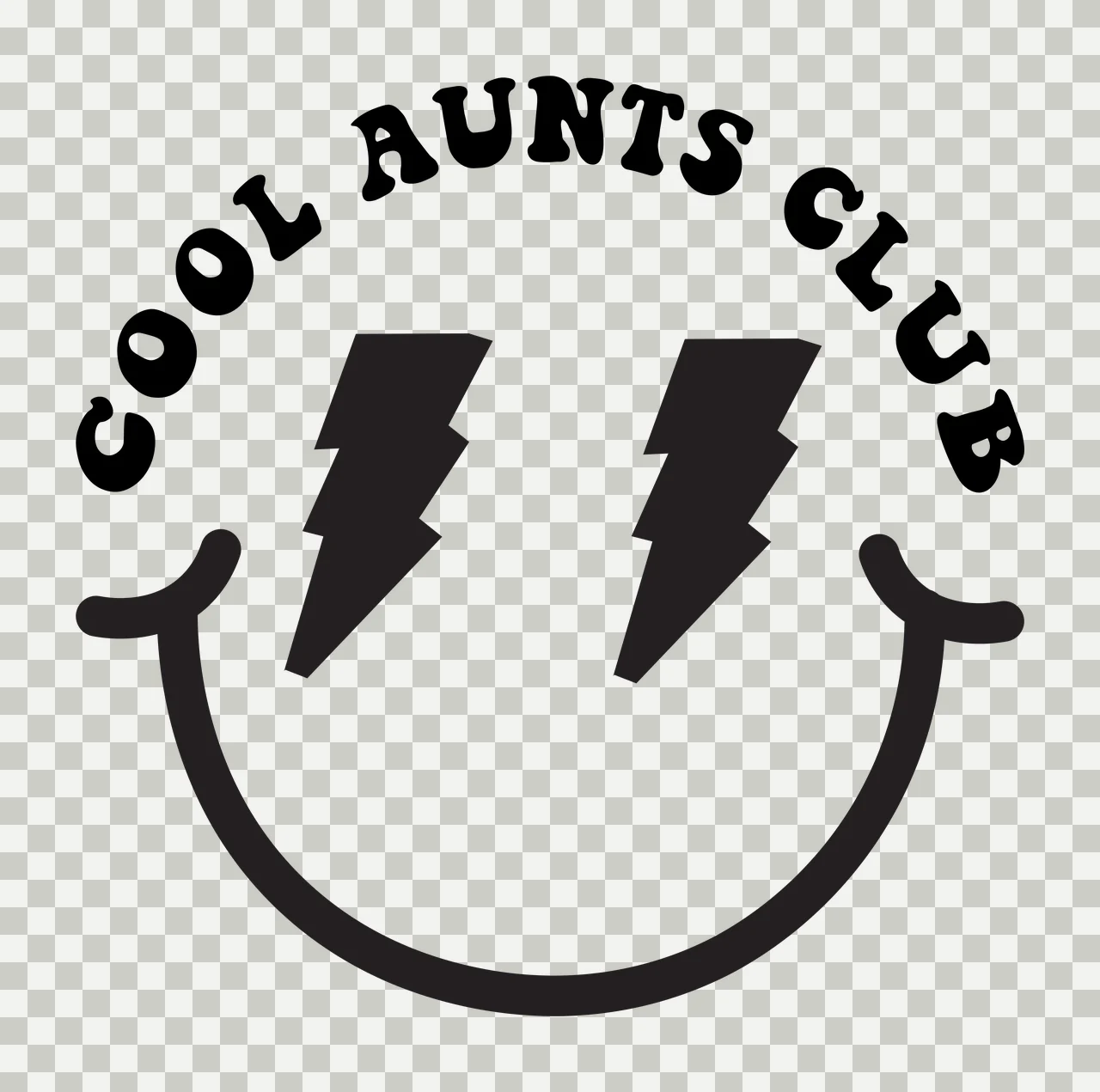 COOL AUNTS CLUB Typography Design with black text reading 'COOL AUNTS CLUB', smiley face outline and two black lightning bolts in white transparency and detail preview thumbnail