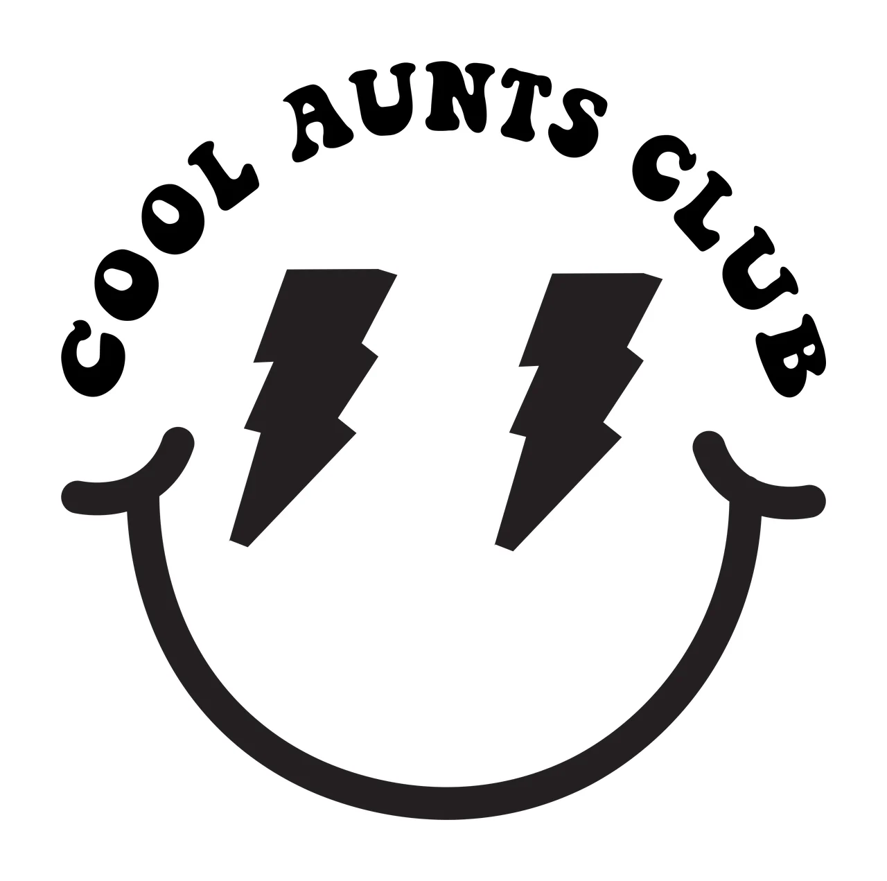 COOL AUNTS CLUB Typography Design with black text reading 'COOL AUNTS CLUB', smiley face outline and two black lightning bolts in white