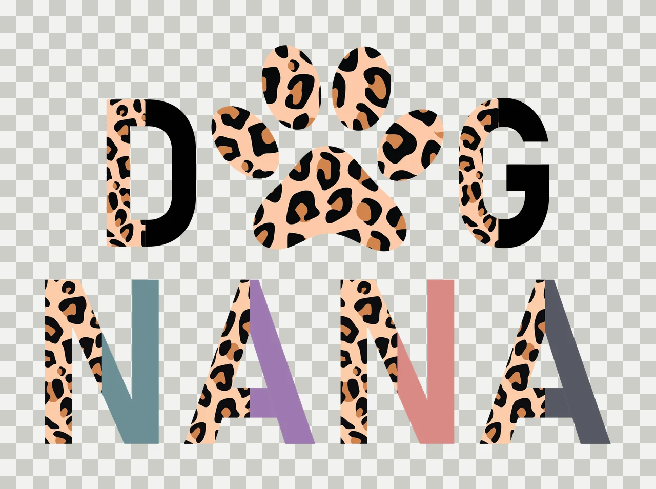 DOG NANA typography with text, paw print, leopard print and letters in tan, black and teal transparency and detail preview thumbnail