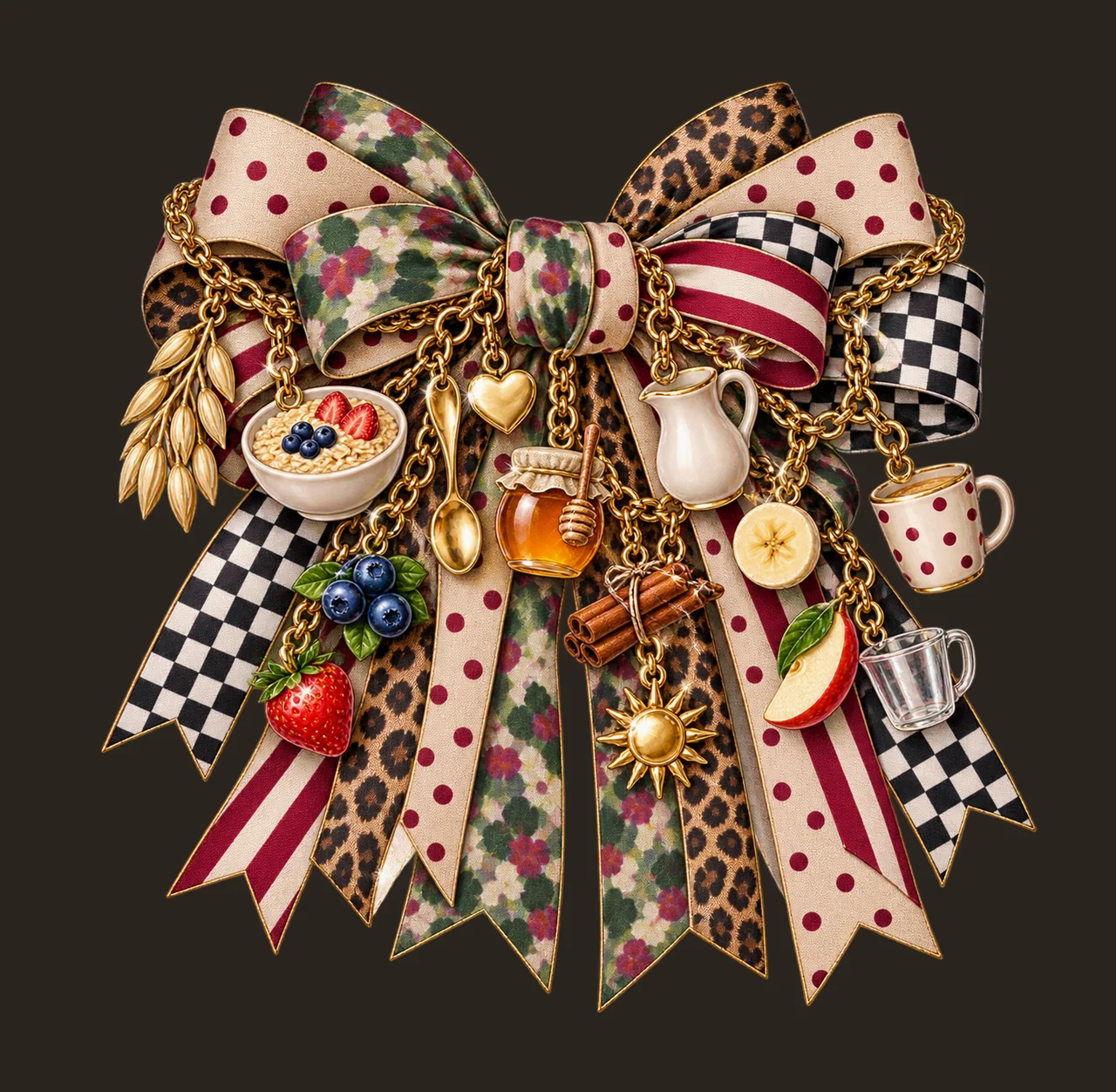 Oatmeal Lover Bow Charm PNG, Oats Bowl Berries Spoon and Honey Charms, Breakfast Sublimation Design, Transparent Download contrast preview thumbnail