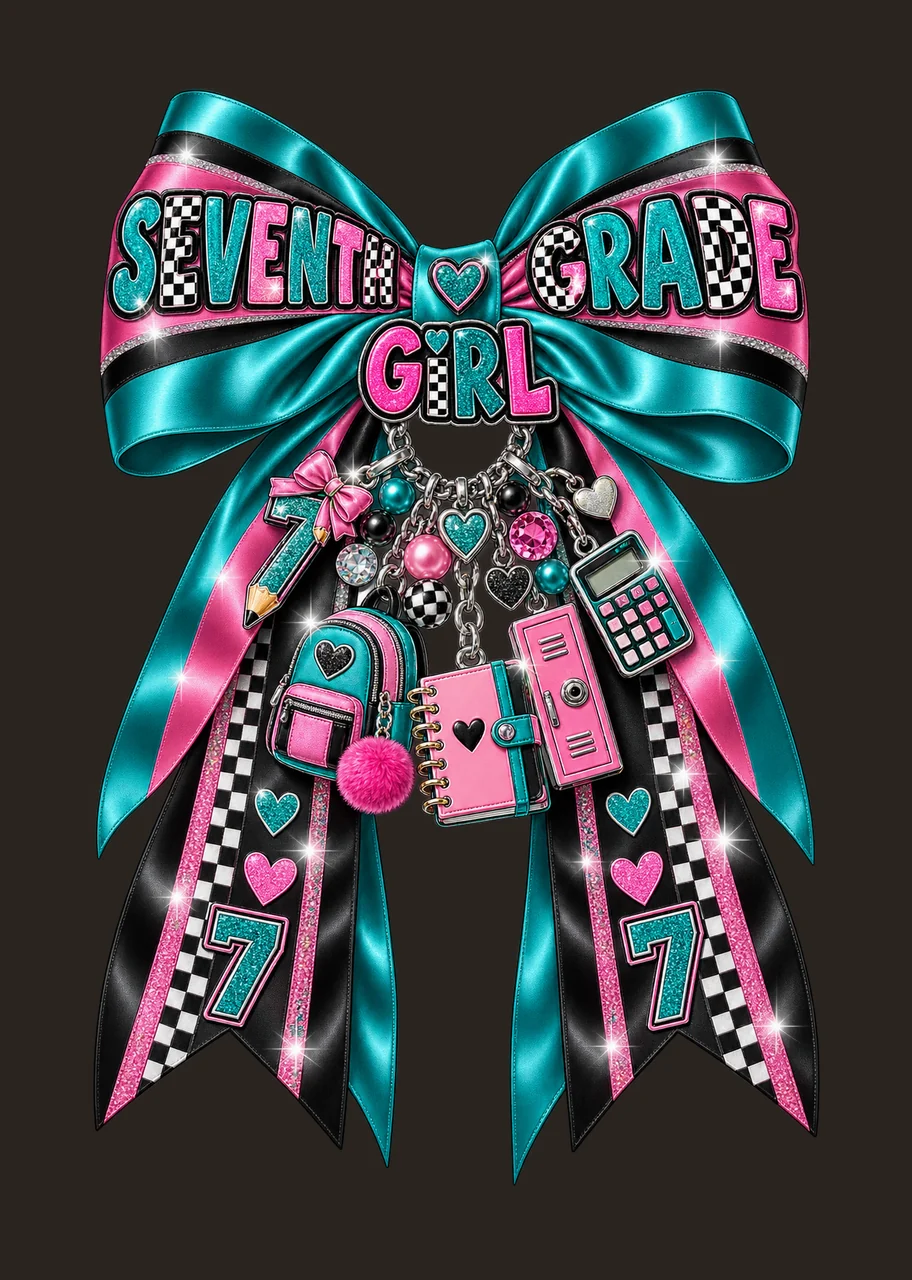 Seventh Grade Girl Bow Charm PNG, Coquette Ribbon Sublimation, Transparent Digital Download contrast preview thumbnail