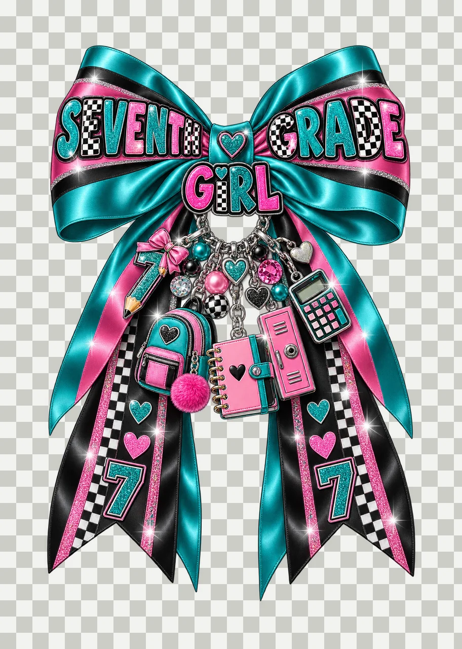 Seventh Grade Girl Bow Charm PNG, Coquette Ribbon Sublimation, Transparent Digital Download transparency and detail preview thumbnail