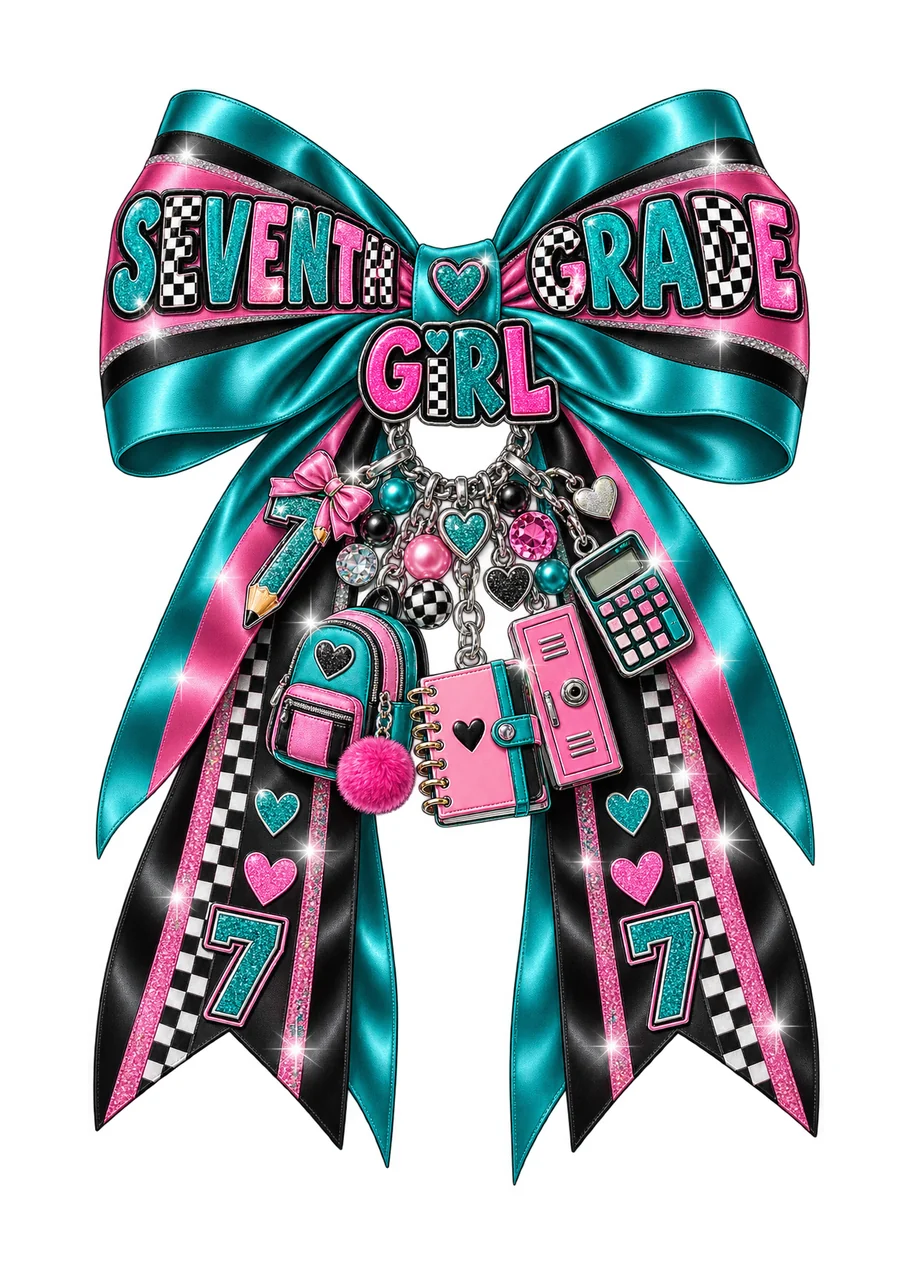 Seventh Grade Girl Bow Charm PNG, Coquette Ribbon Sublimation, Transparent Digital Download