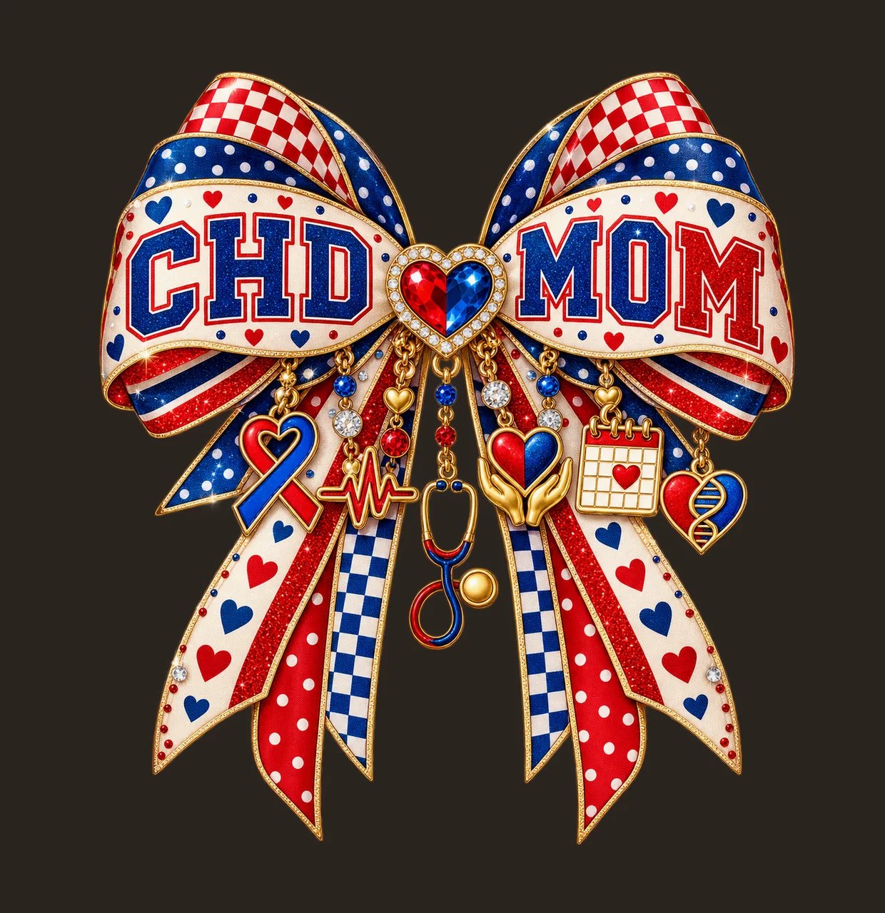 CHD Mom Bow Charm PNG, Patterned Varsity Mom Ribbon Clipart, Transparent Sublimation Digital Download contrast preview thumbnail