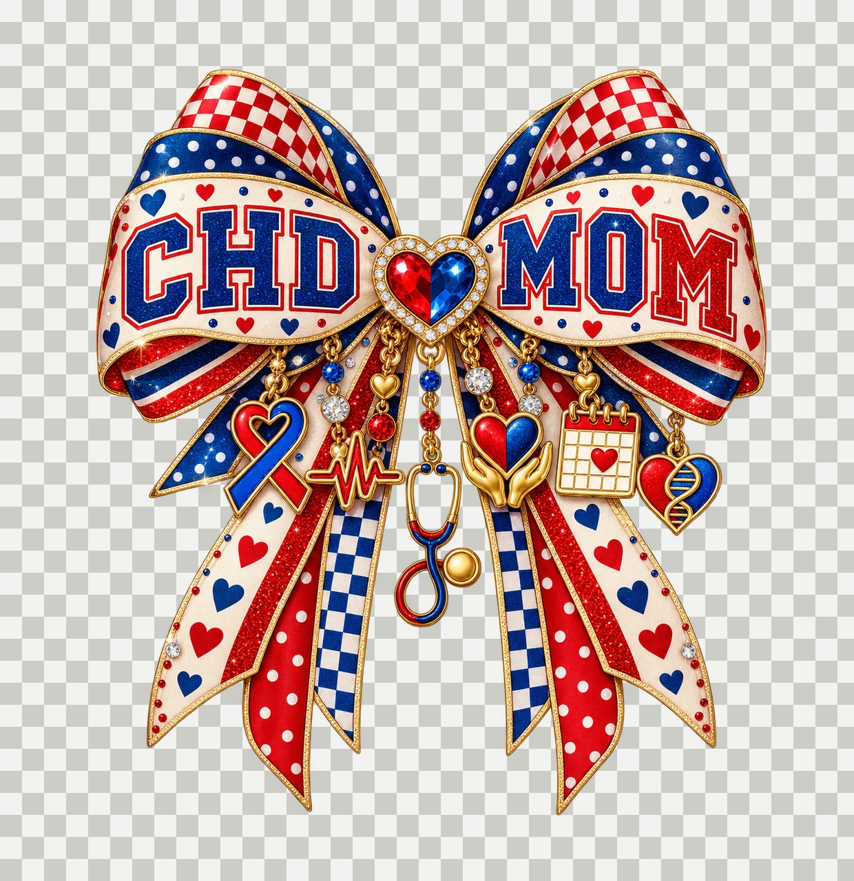CHD Mom Bow Charm PNG, Patterned Varsity Mom Ribbon Clipart, Transparent Sublimation Digital Download transparency and detail preview thumbnail