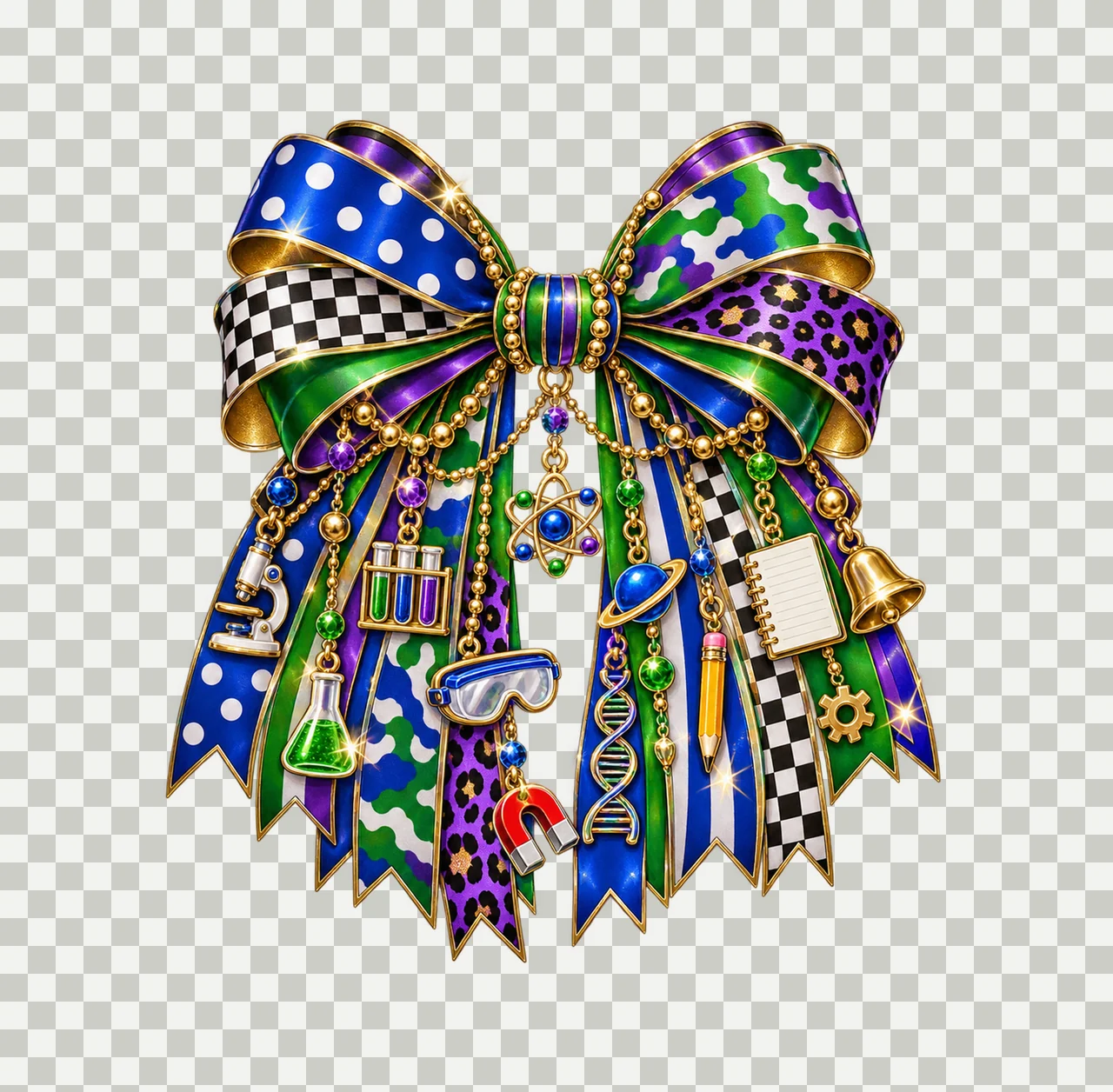 Science Teacher Bow Charm PNG, Themed Gold Chain Charms, Coquette Ribbon Sublimation Design, Transparent Digital Download transparency and detail preview thumbnail