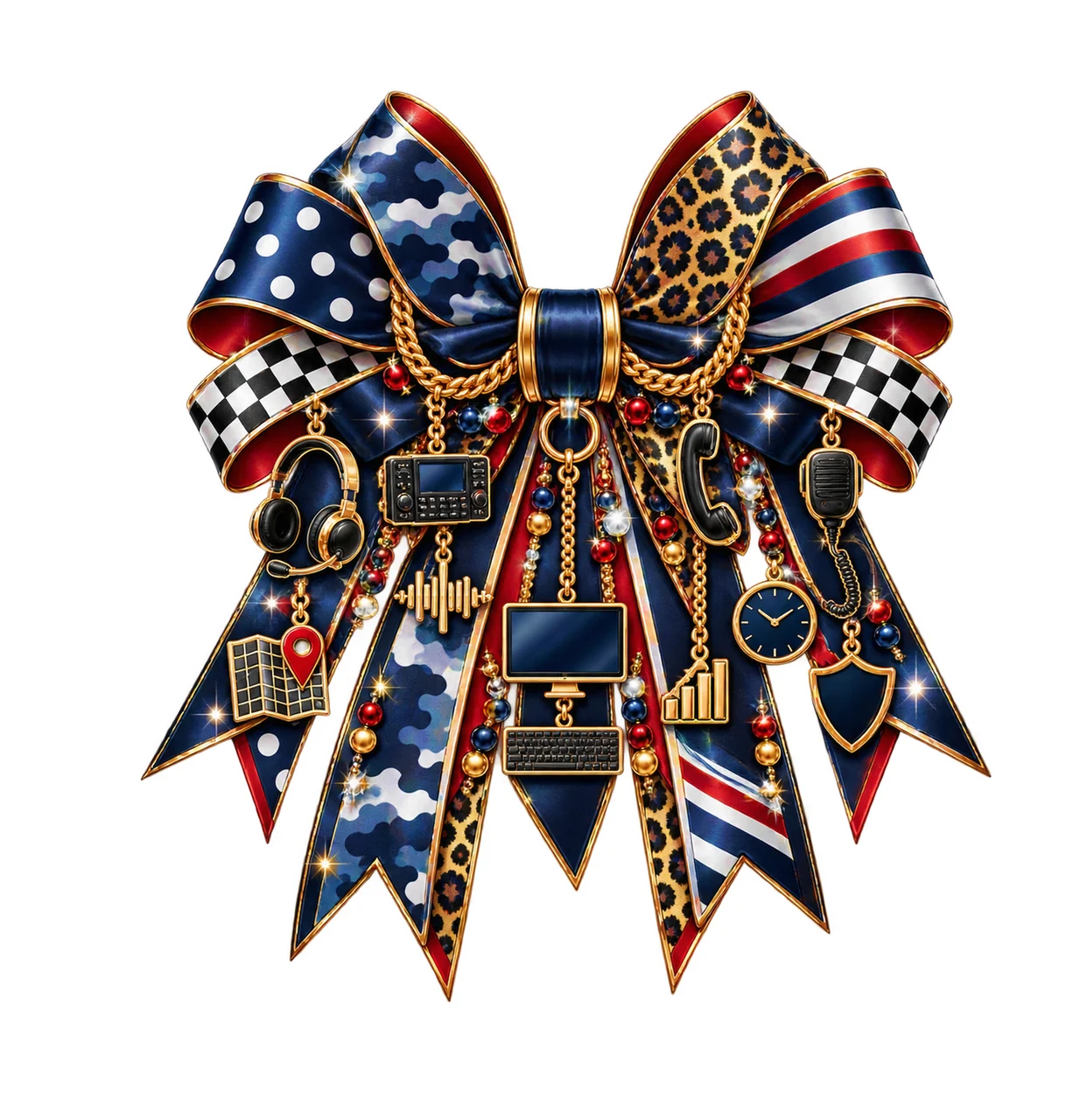 Emergency 911 Dispatcher Bow Charm PNG, Themed Gold Chain Charms, Coquette Ribbon Sublimation Design, Transparent Digital Download