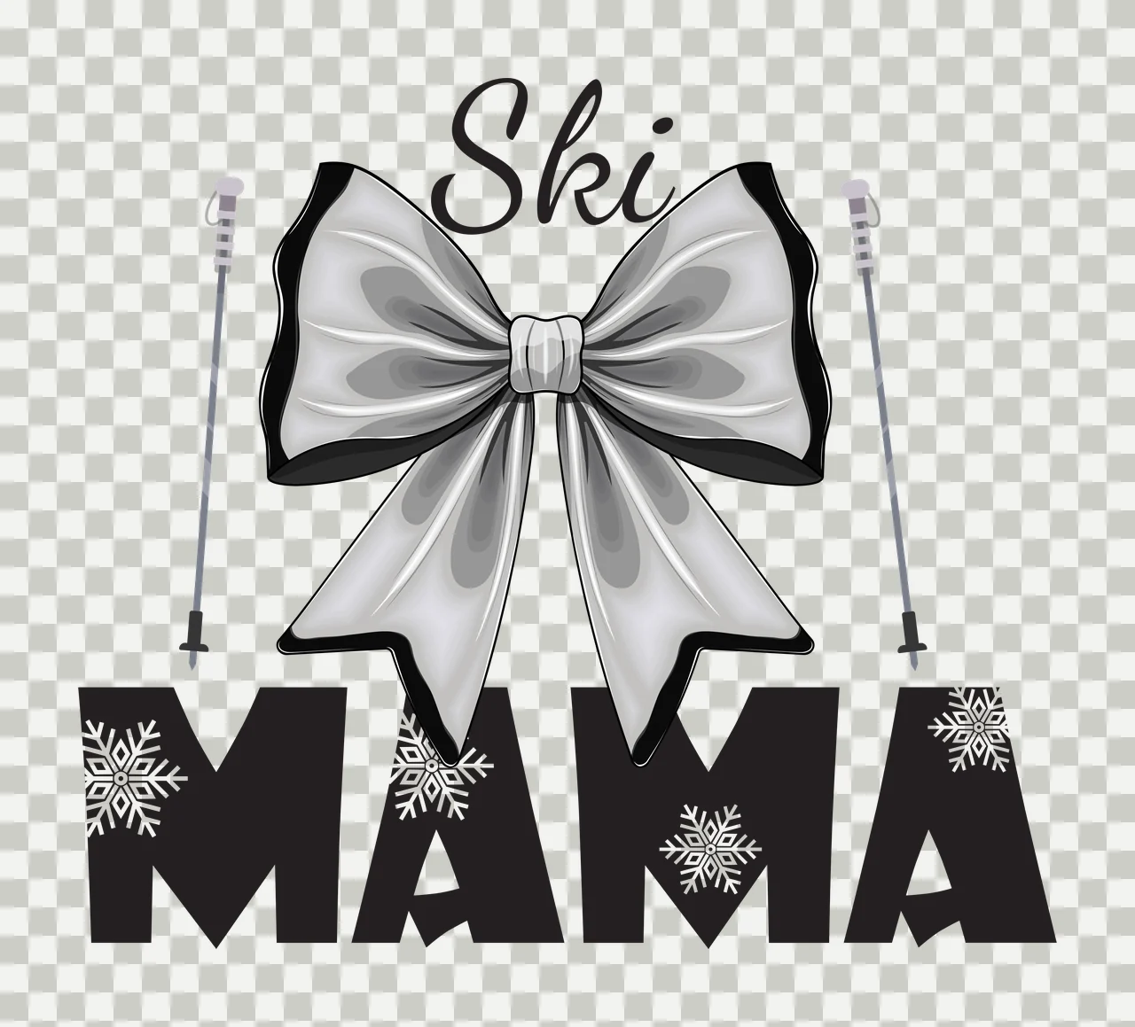 Ski Mama Text With Bow Silhouette typography poles snowflakes transparency and detail preview thumbnail