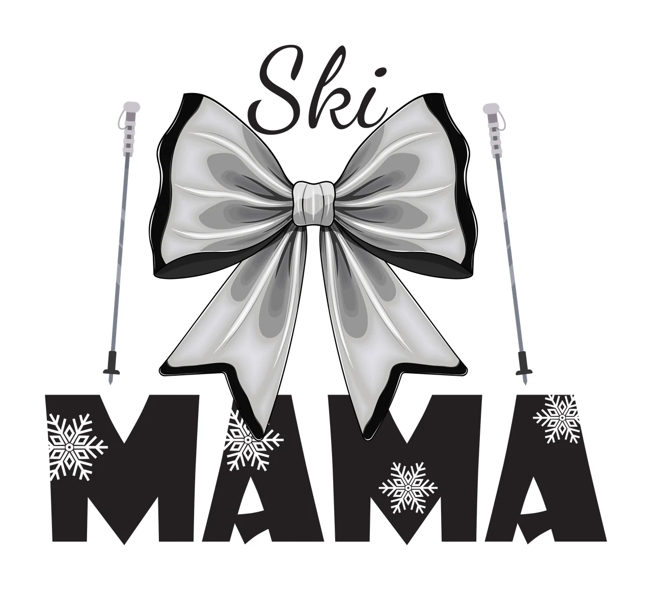Ski Mama Text With Bow Silhouette typography poles snowflakes