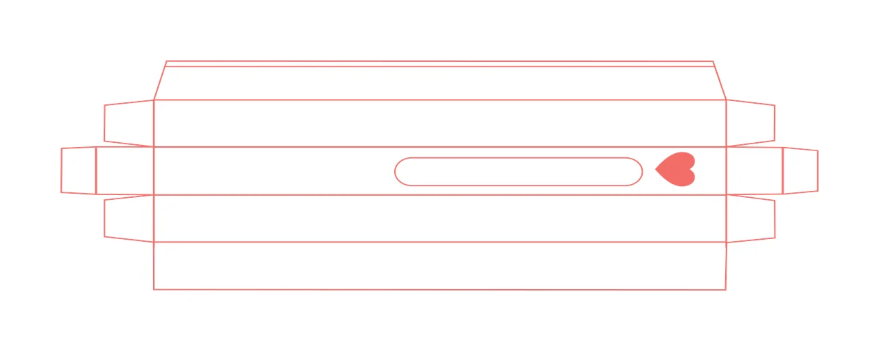 Line Art Illustration of Paper box template with red outline, heart shape, oval cutout and fold lines