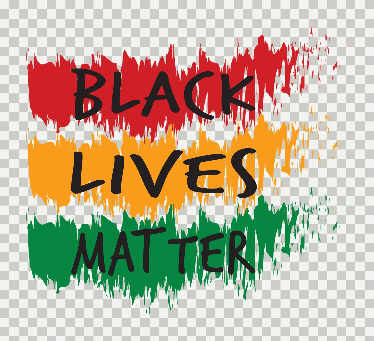 BLACK LIVES MATTER Typography Design with handwritten text, paint brush strokes, distressed edges and splatters in red, yellow and green transparency and detail preview thumbnail