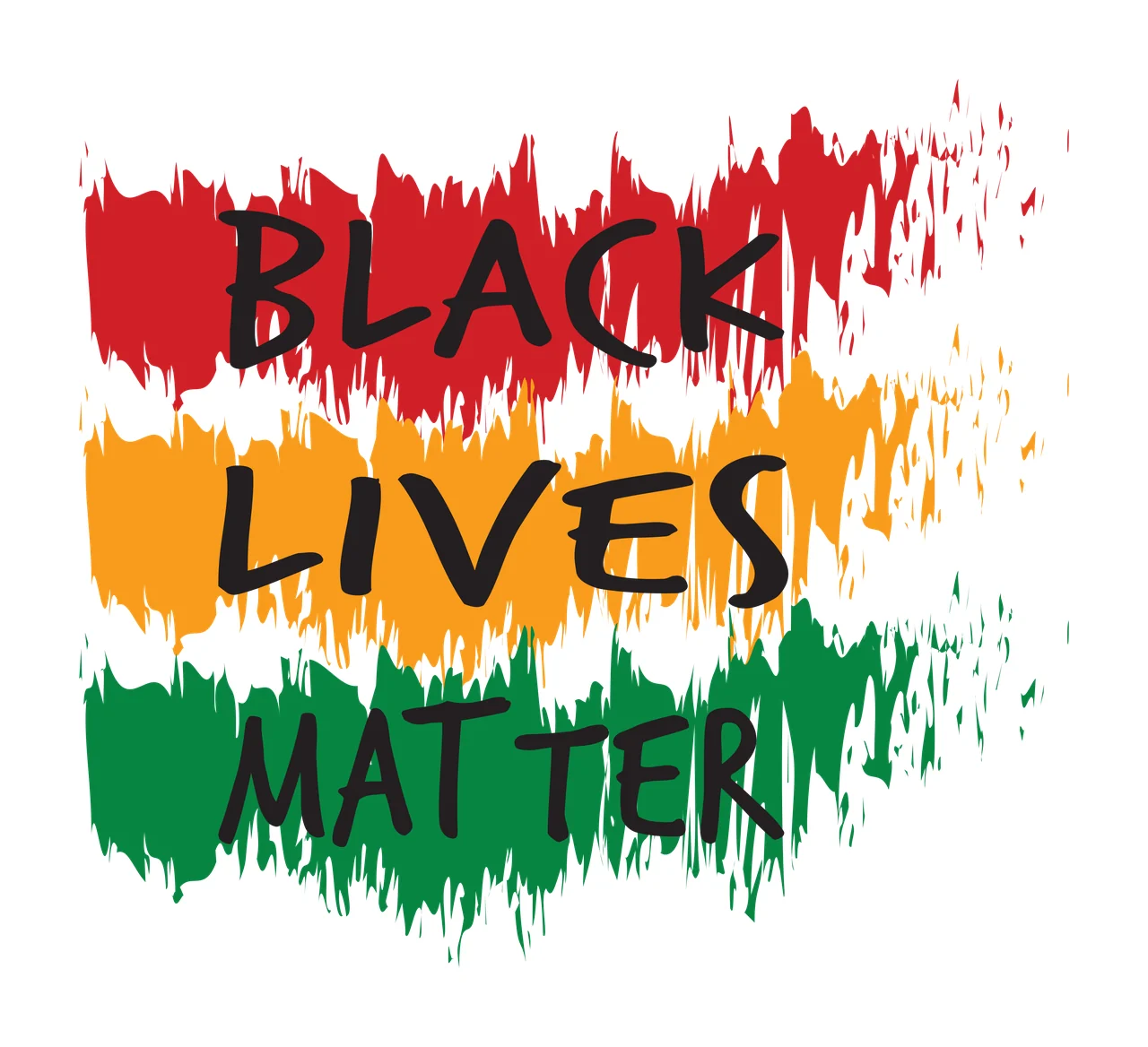 BLACK LIVES MATTER Typography Design with handwritten text, paint brush strokes, distressed edges and splatters in red, yellow and green