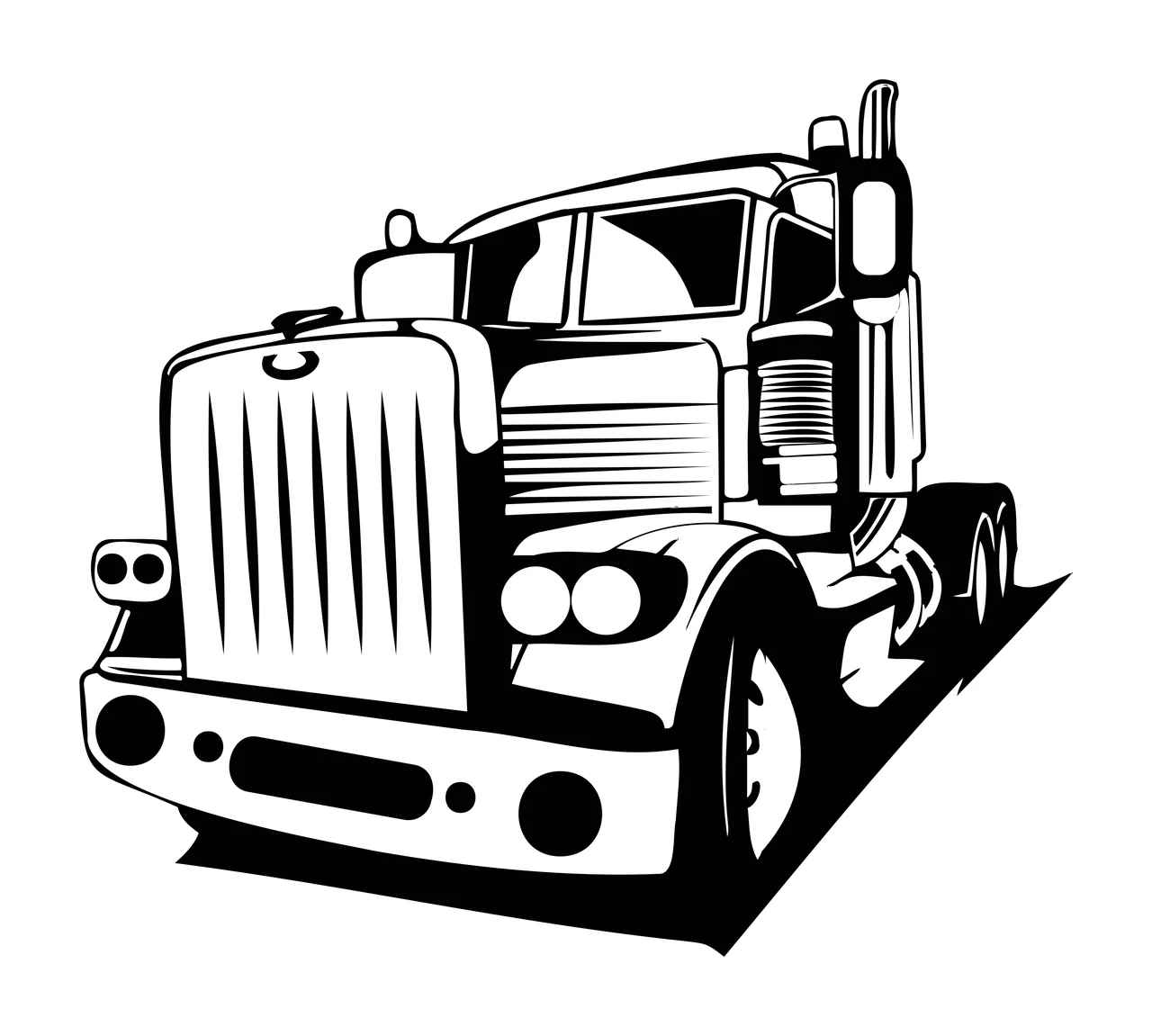 Semi Truck Black And White Illustration Stationary cab wheels