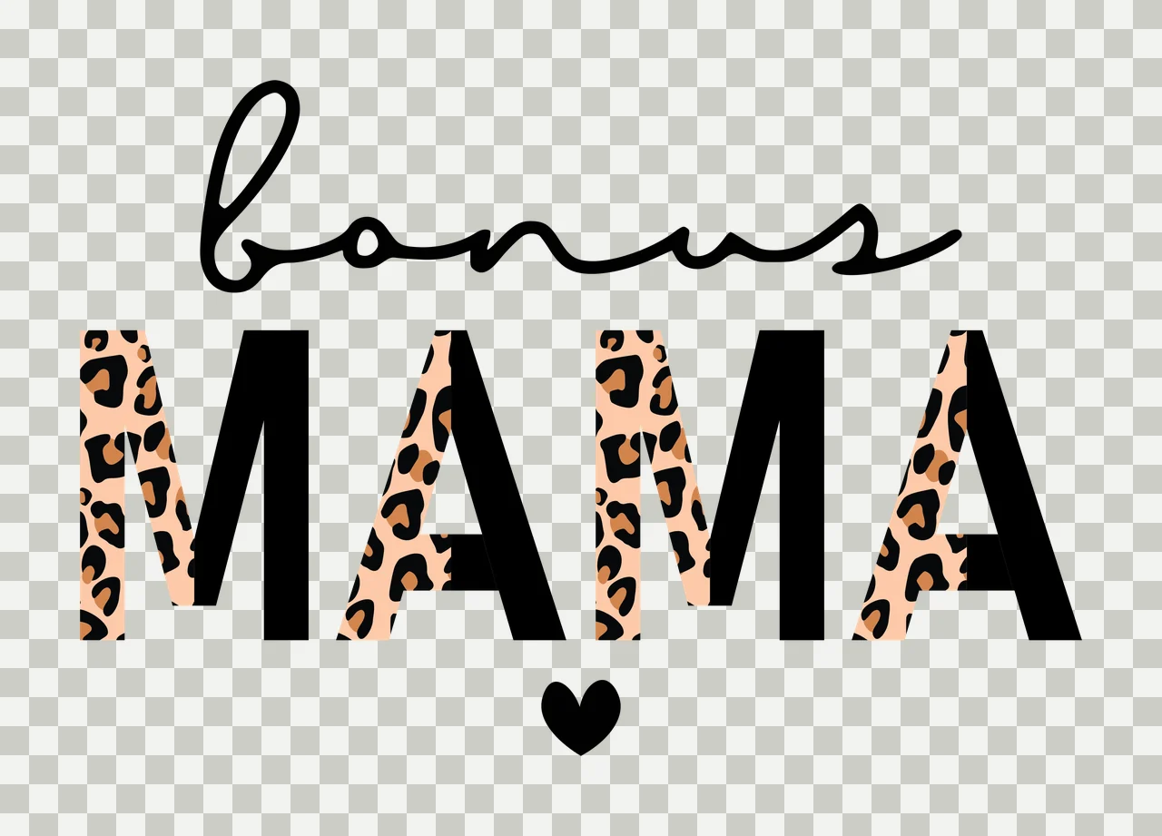Bonus MAMA Typography Design with bonus cursive text, MAMA block letters, leopard print pattern and small heart icon in black, tan and brown transparency and detail preview thumbnail
