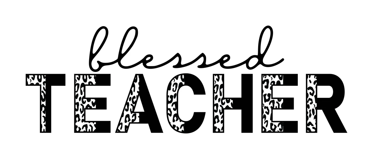 Blessed TEACHER Typography Design with black cursive 'blessed' and black block letters 'TEACHER' with leopard print fill in white