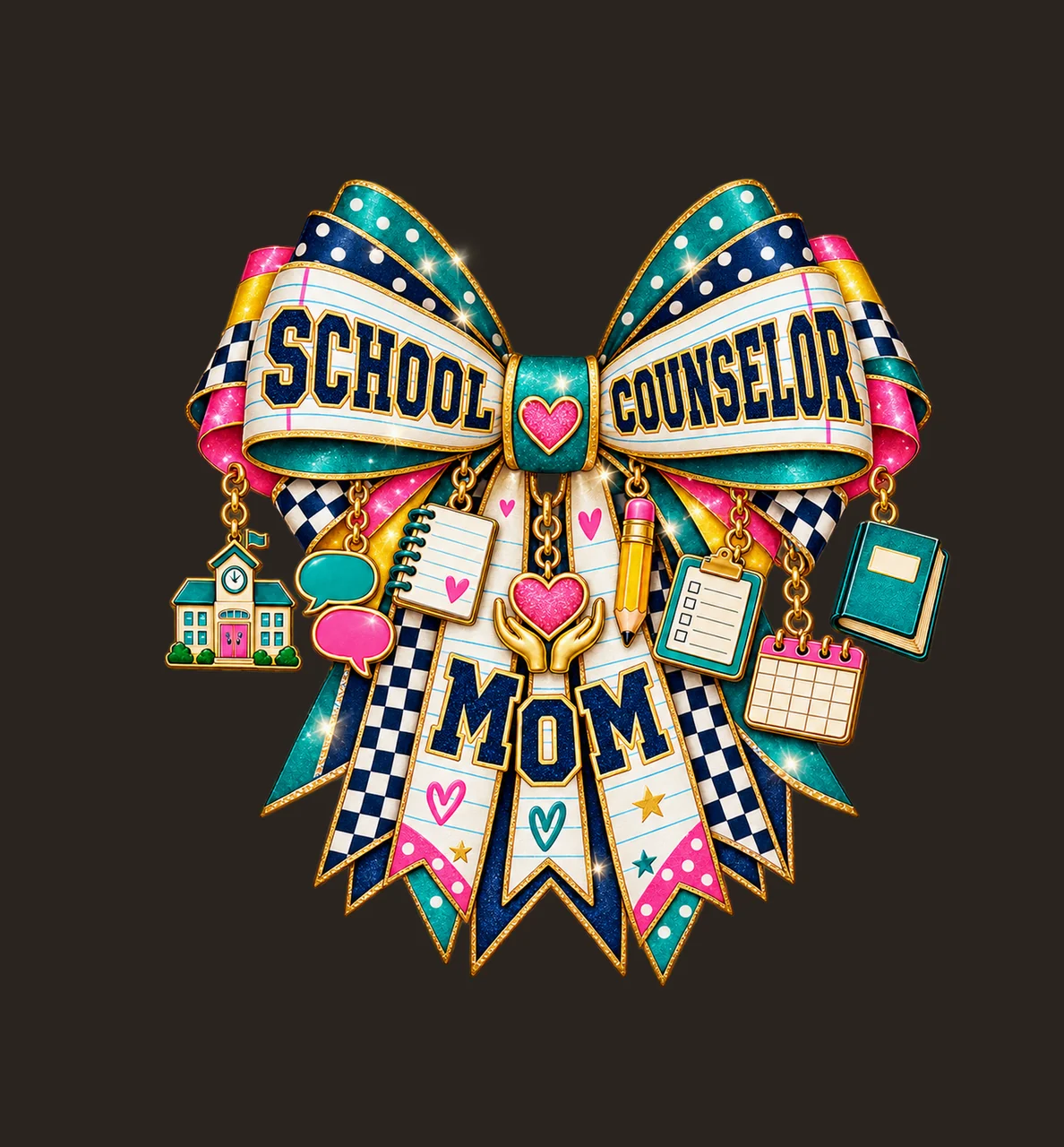 School Counselor Mom Bow Charm PNG, Patterned Varsity Mom Ribbon Clipart, Transparent Sublimation Digital Download contrast preview thumbnail