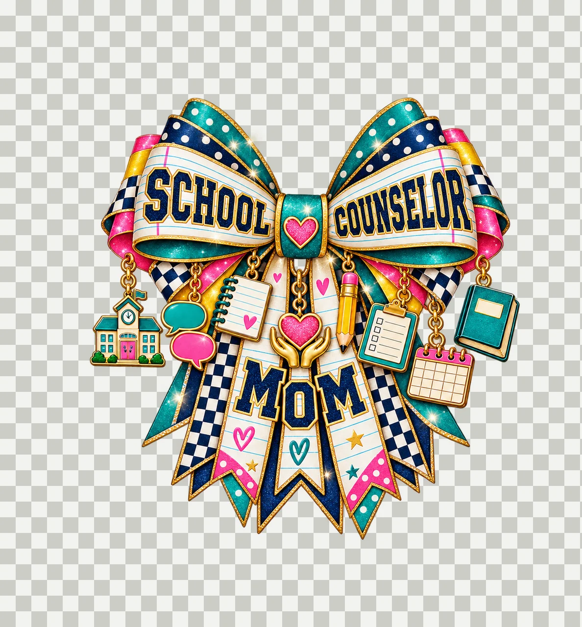 School Counselor Mom Bow Charm PNG, Patterned Varsity Mom Ribbon Clipart, Transparent Sublimation Digital Download transparency and detail preview thumbnail