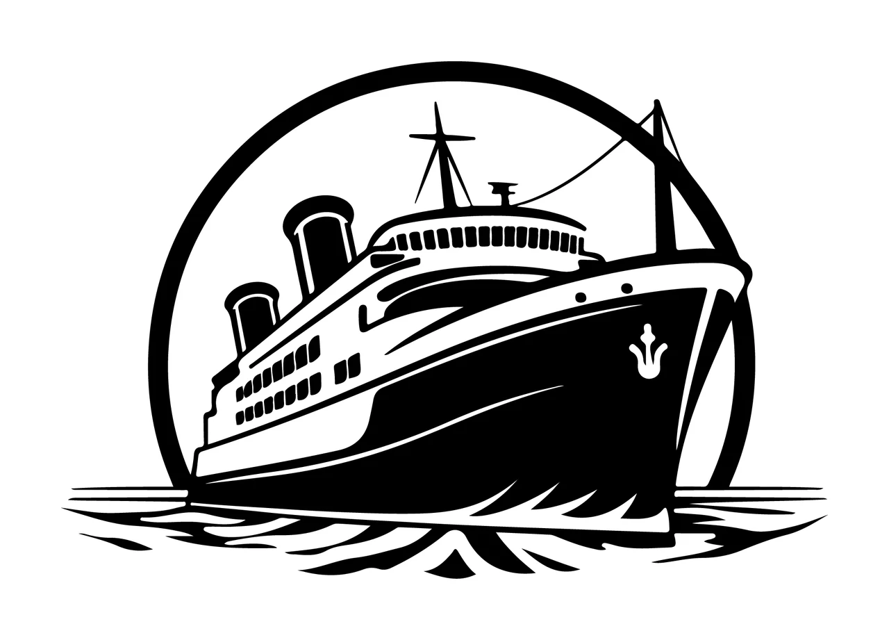 Cruise Ship In Circular Frame sailing waves anchor silhouette