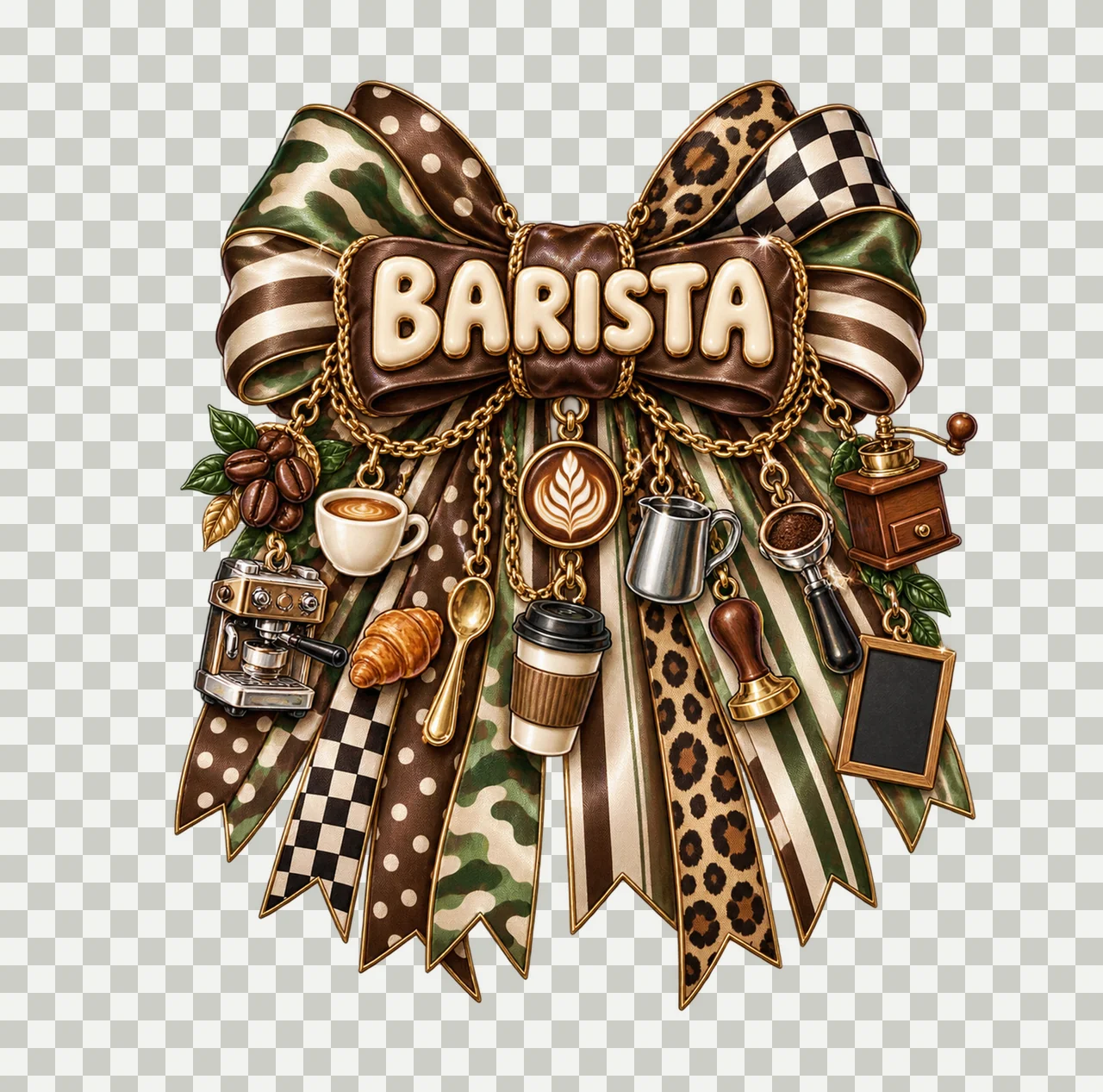 Barista Bow Charm PNG, Gold Chain Charms, Transparent Sublimation Design, Digital Download transparency and detail preview thumbnail
