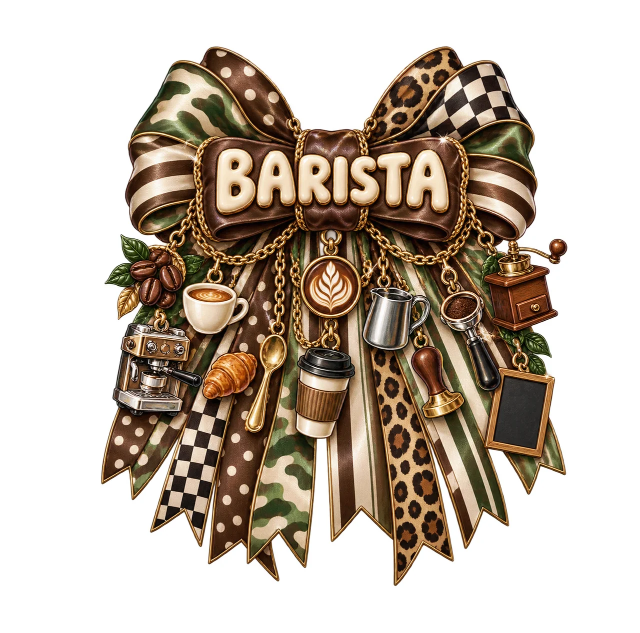 Barista Bow Charm PNG, Gold Chain Charms, Transparent Sublimation Design, Digital Download