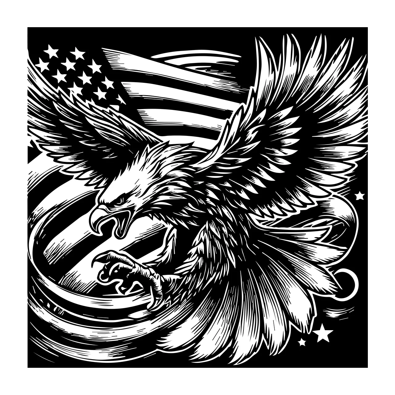 Eagle Flag In Flight flying stars engraving black white bird