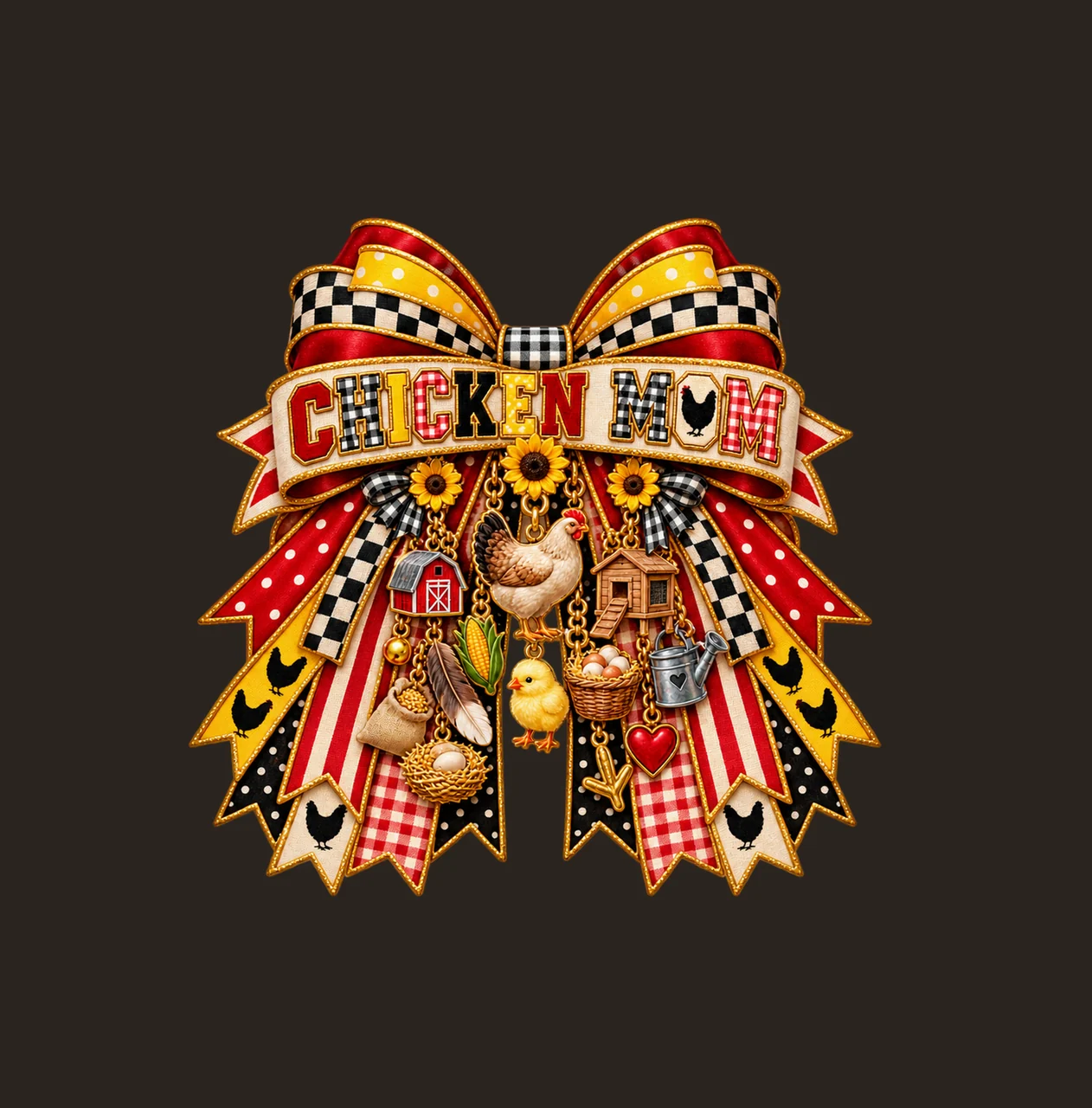 Chicken Mom Bow Charm PNG, Patterned Varsity Mom Ribbon Clipart, Transparent Sublimation Digital Download contrast preview thumbnail