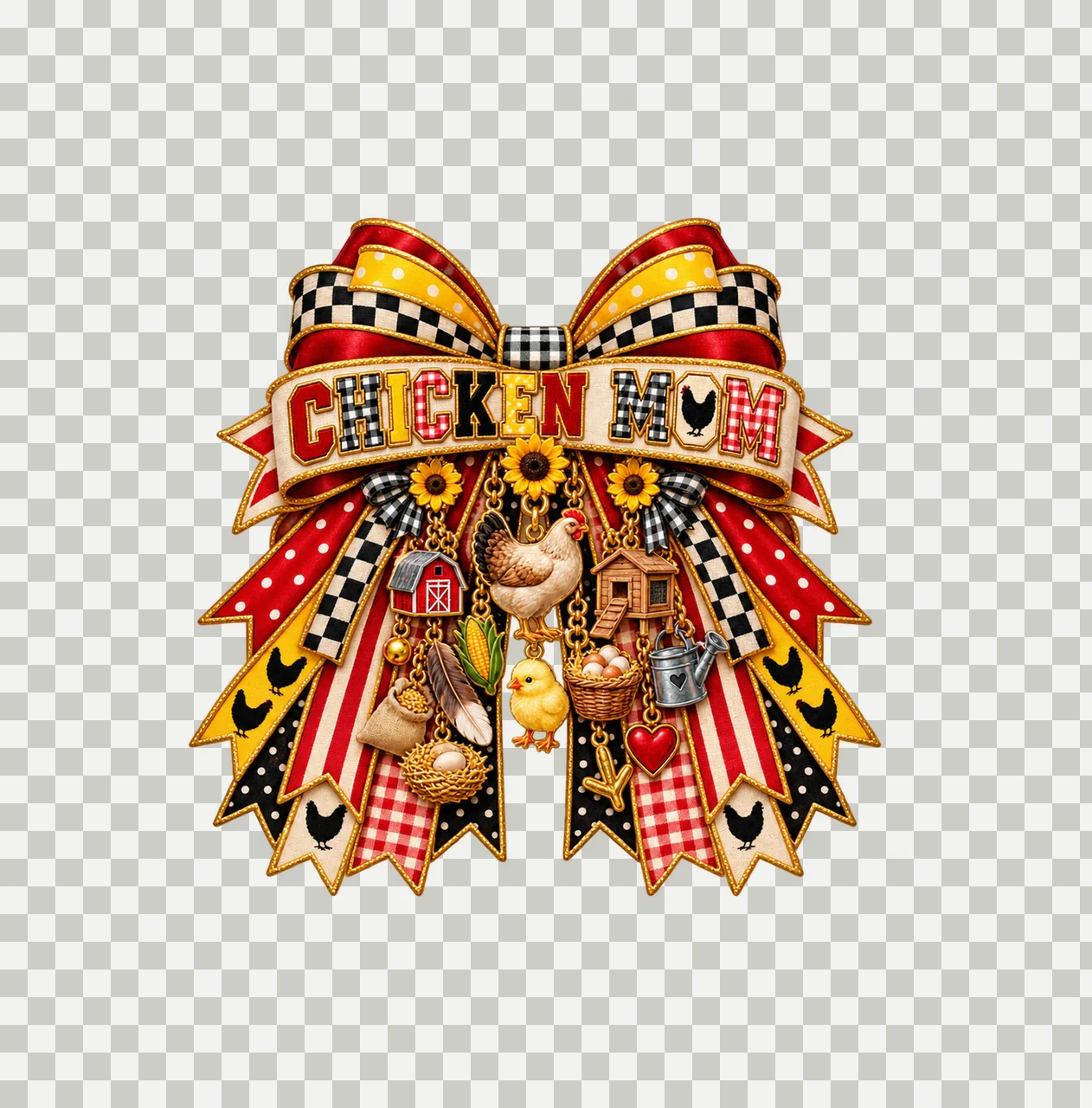 Chicken Mom Bow Charm PNG, Patterned Varsity Mom Ribbon Clipart, Transparent Sublimation Digital Download transparency and detail preview thumbnail