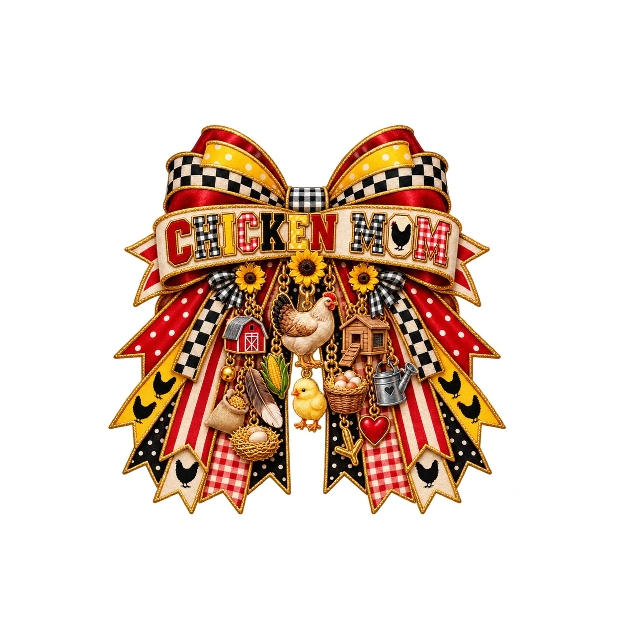 Chicken Mom Bow Charm PNG, Patterned Varsity Mom Ribbon Clipart, Transparent Sublimation Digital Download