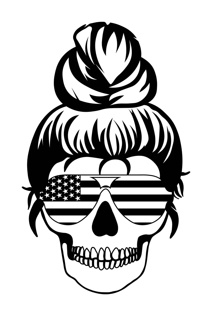Flag Skull With Messy Bun And Glasses wearing hair stars stripes