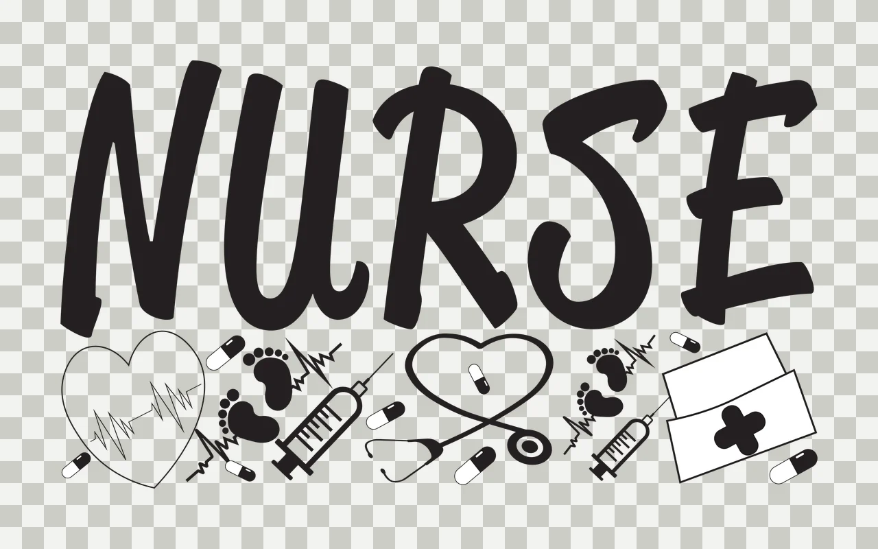 NURSE Typography Design with NURSE text, heart with EKG line, stethoscope and syringe in black and white transparency and detail preview thumbnail