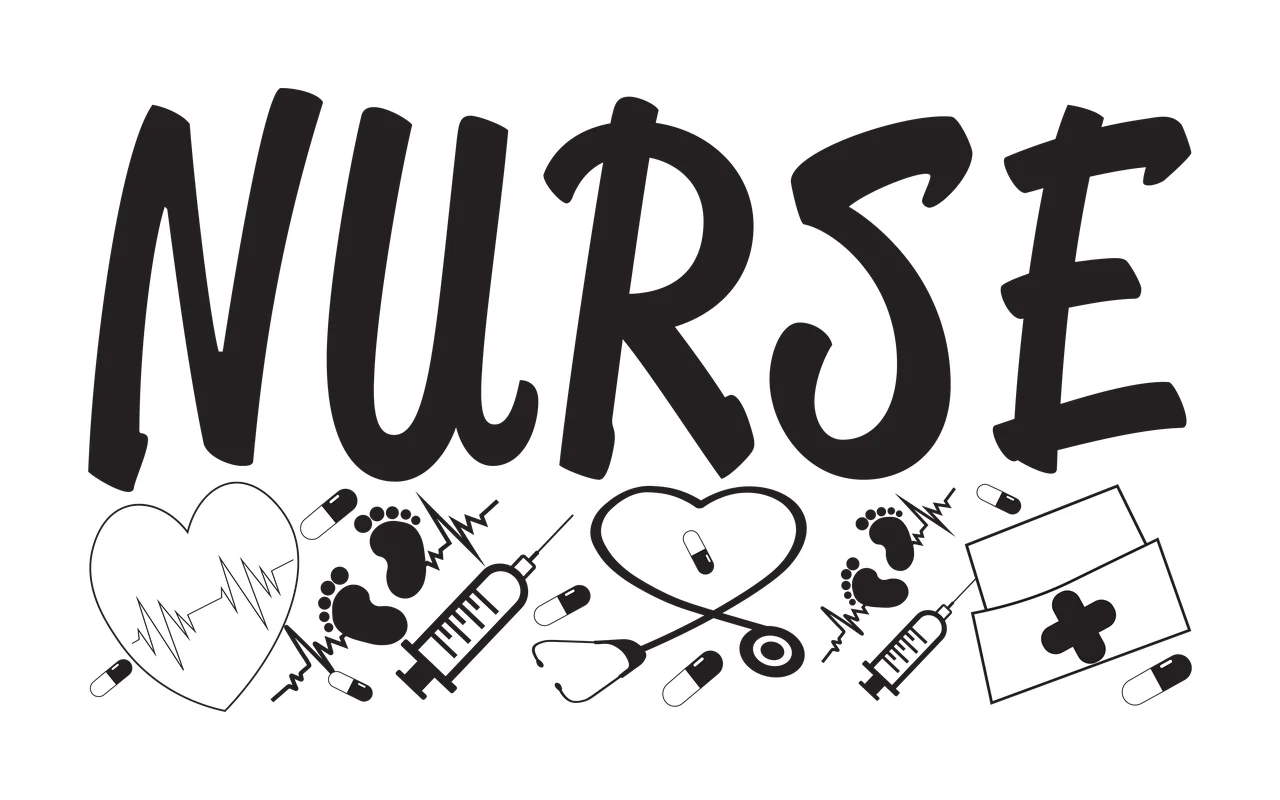 NURSE Typography Design with NURSE text, heart with EKG line, stethoscope and syringe in black and white
