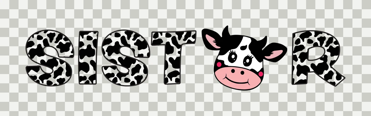 SIST R cow print typography with cow print letters, cartoon cow head, black and white spots and pink snout transparency and detail preview thumbnail