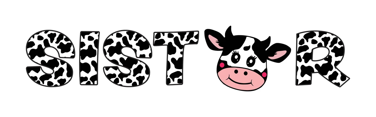 SIST R cow print typography with cow print letters, cartoon cow head, black and white spots and pink snout