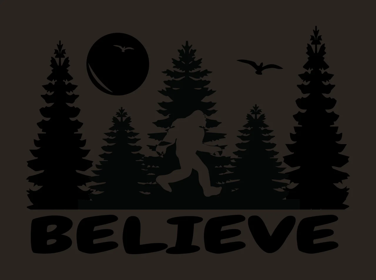 Believe Bigfoot Silhouette Nature Scene walking trees moon contrast preview thumbnail