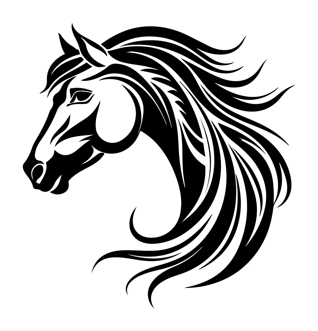 Horse Head Profile Flowing Mane silhouette black white animal