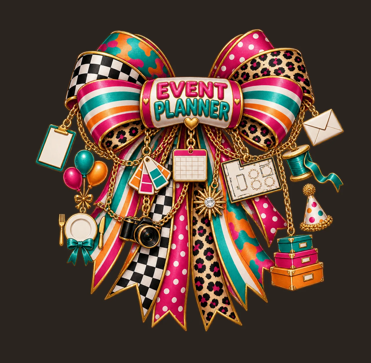 Event Planner Bow Charm PNG, Gold Chain Charms, Transparent Sublimation Design, Digital Download contrast preview thumbnail