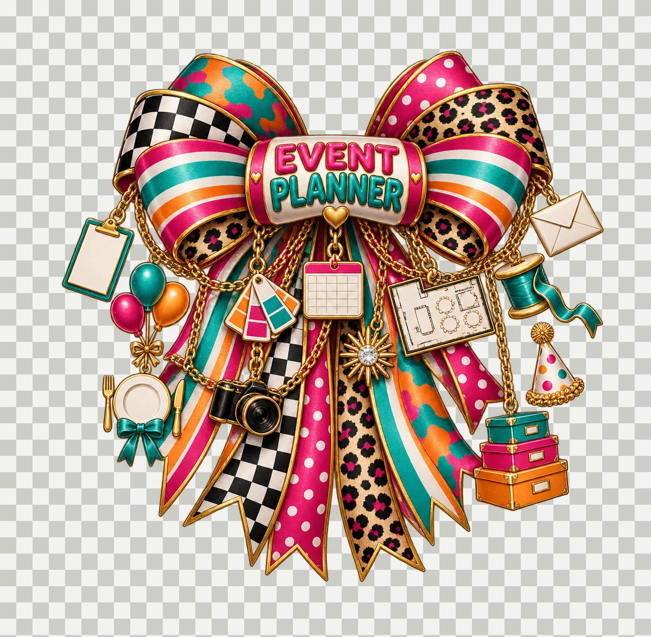 Event Planner Bow Charm PNG, Gold Chain Charms, Transparent Sublimation Design, Digital Download transparency and detail preview thumbnail