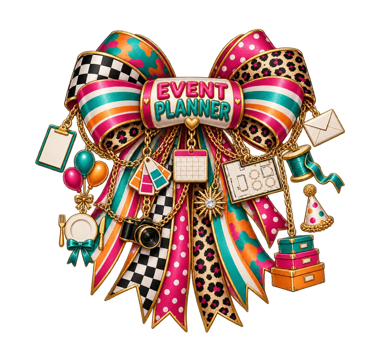 Event Planner Bow Charm PNG, Gold Chain Charms, Transparent Sublimation Design, Digital Download