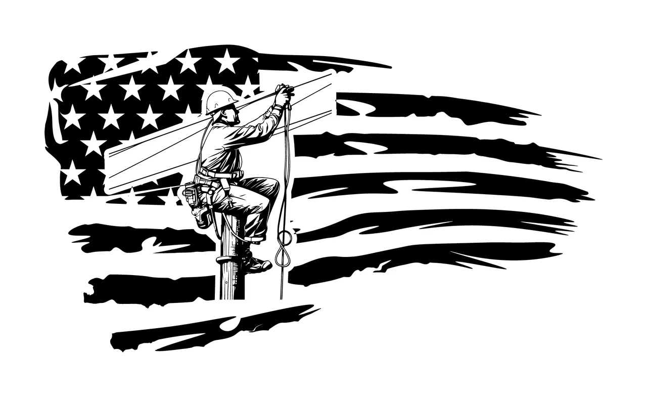 Line Worker On Pole Before Flag Backdrop climbing ladder art