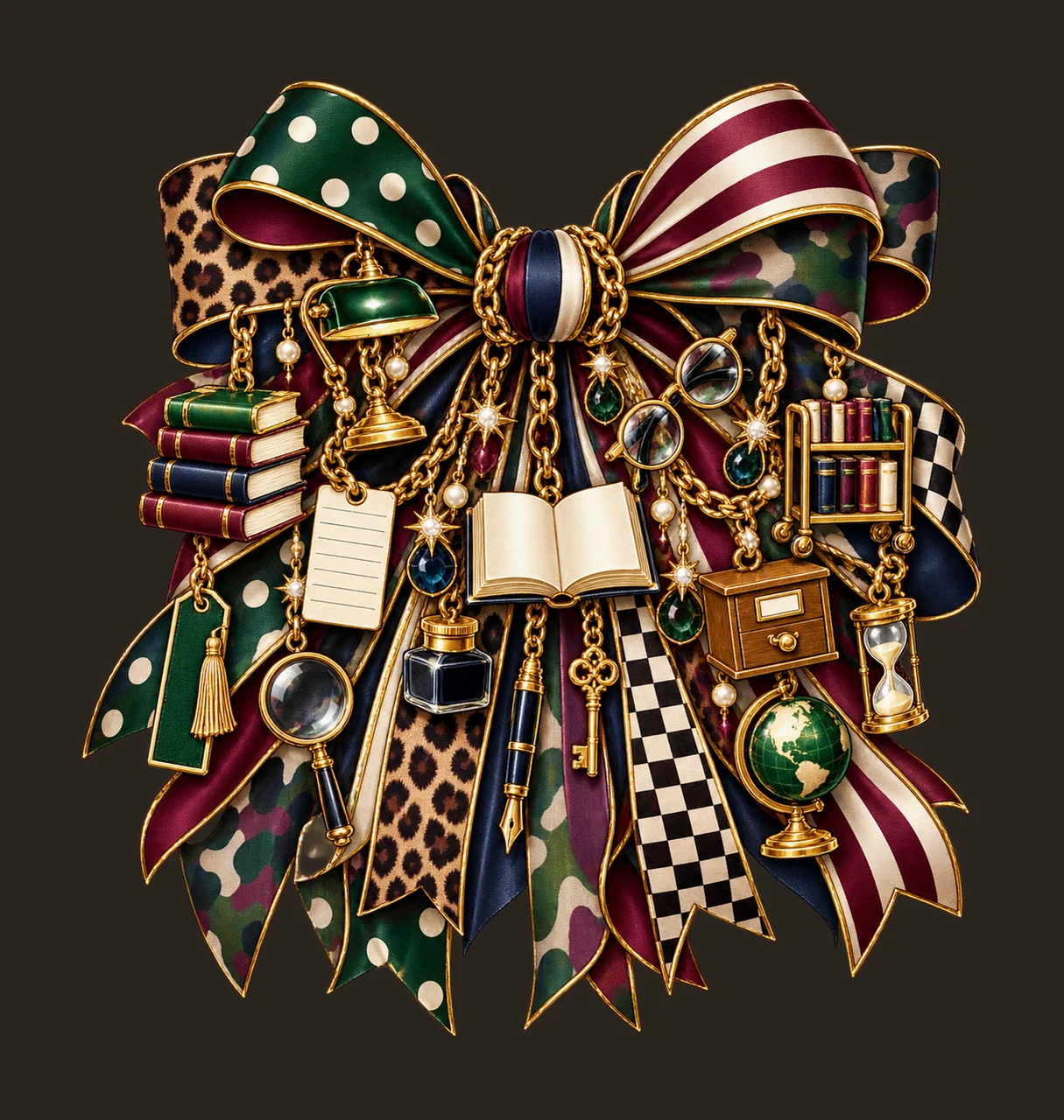 Librarian Bow Charm PNG, Books Card Catalog Glasses and Library Cart Charms, Reading Sublimation Design, Transparent Download contrast preview thumbnail