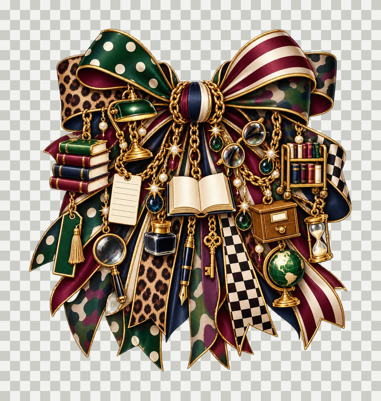 Librarian Bow Charm PNG, Books Card Catalog Glasses and Library Cart Charms, Reading Sublimation Design, Transparent Download transparency and detail preview thumbnail