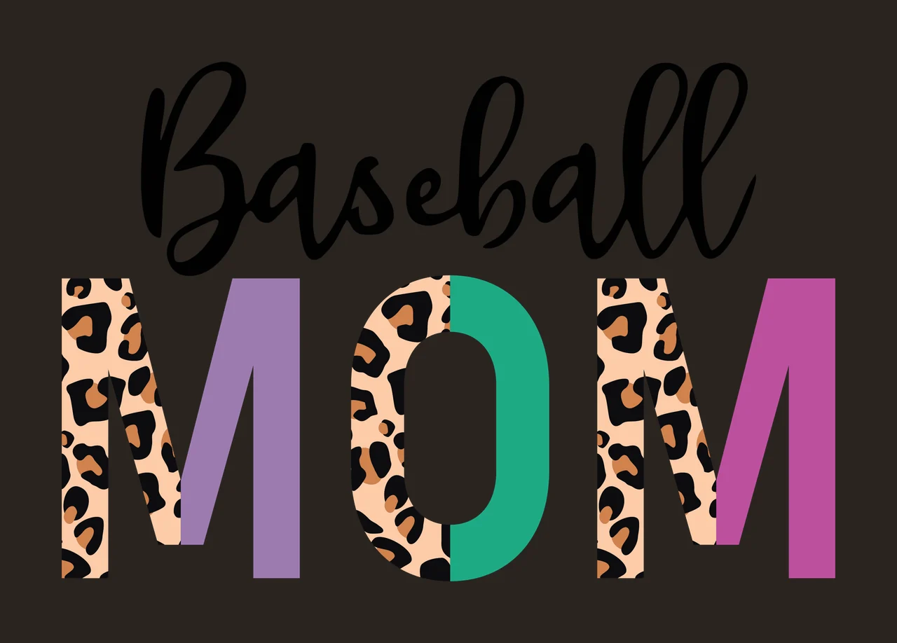 Baseball MOM Typography Design with leopard print, purple letters and teal letter in black, beige and brown contrast preview thumbnail