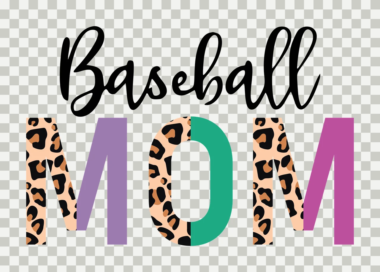 Baseball MOM Typography Design with leopard print, purple letters and teal letter in black, beige and brown transparency and detail preview thumbnail