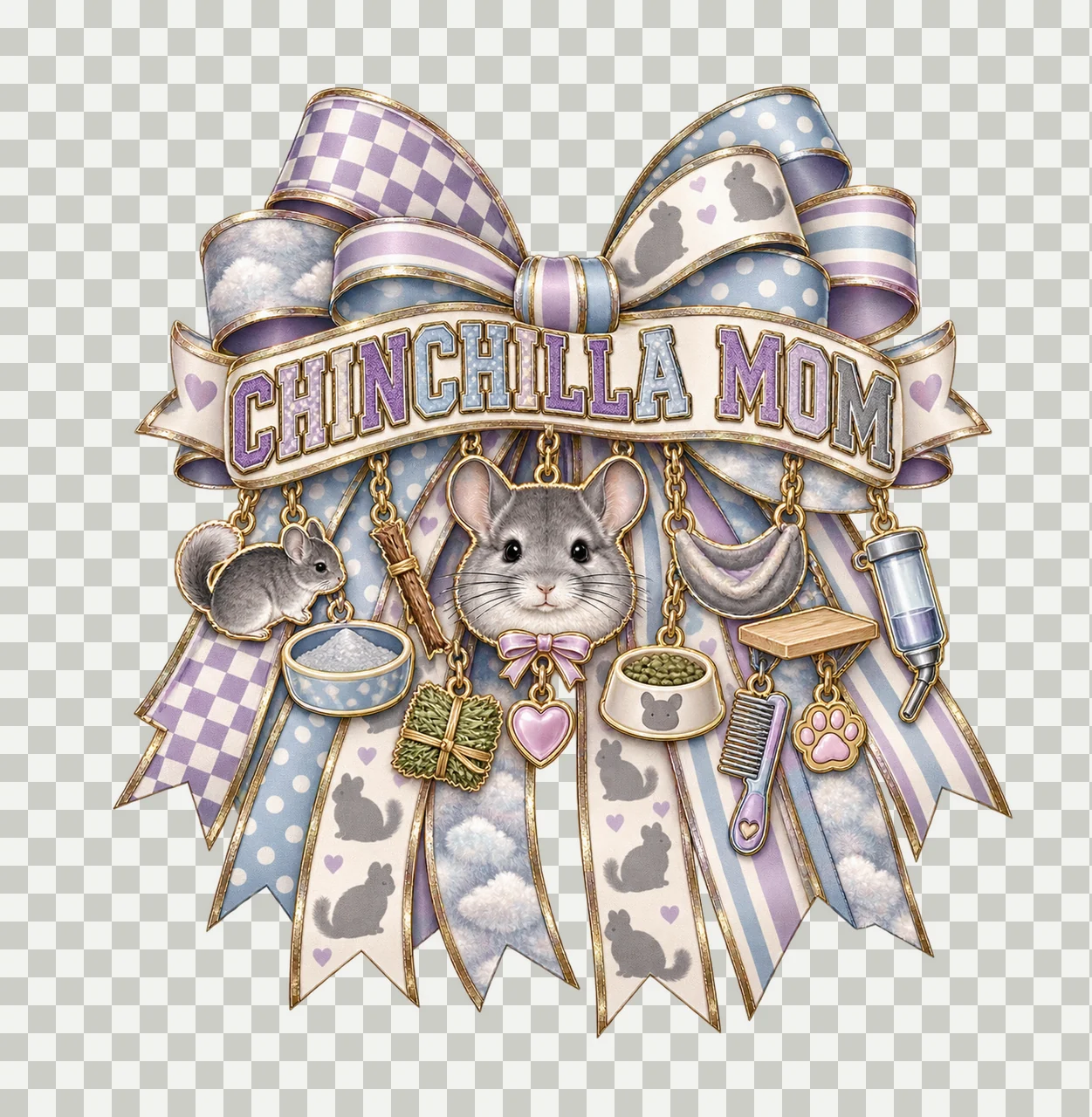 Chinchilla Mom Bow Charm PNG, Patterned Varsity Mom Ribbon Clipart, Transparent Sublimation Digital Download transparency and detail preview thumbnail