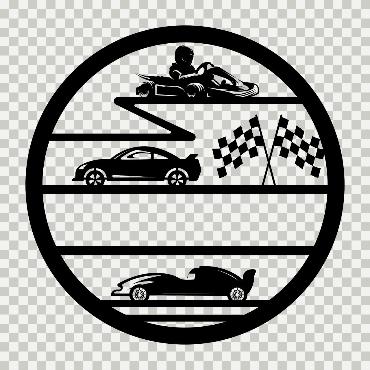Circular Emblem Featuring Black Silhouettes Of Racing Vehicles go kart transparency and detail preview thumbnail